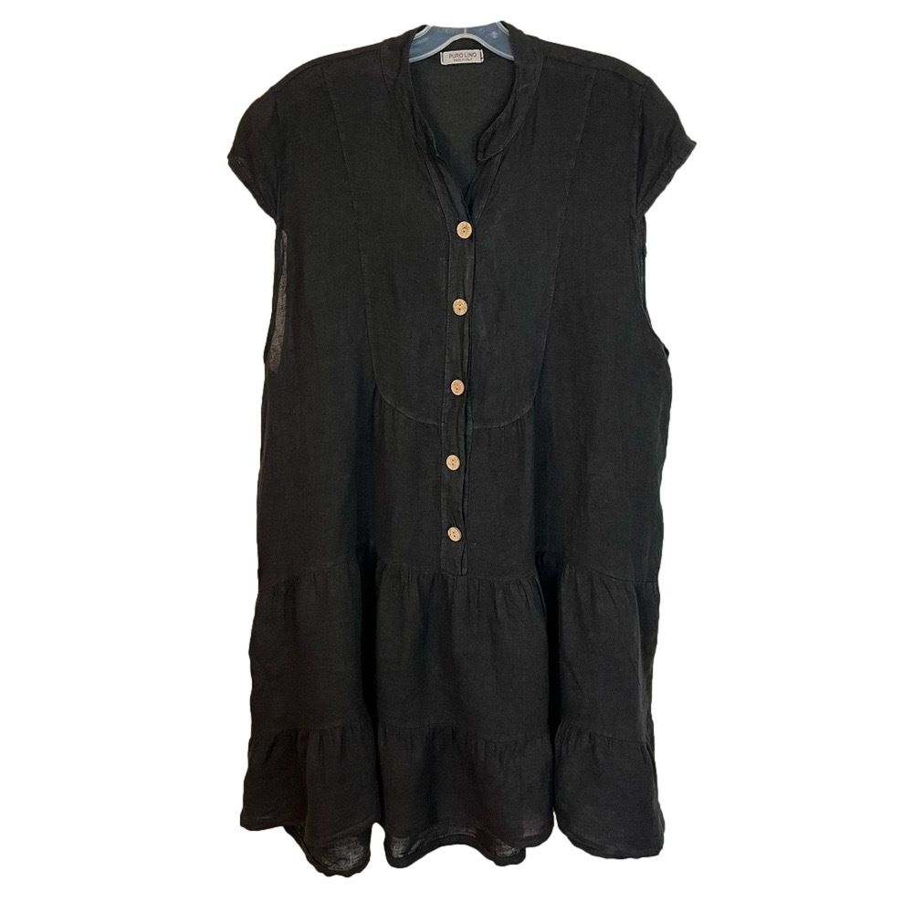Puro Lino Italy Black 100% Linen Babydoll Dress L Tiered Split Neck Lagenlook
